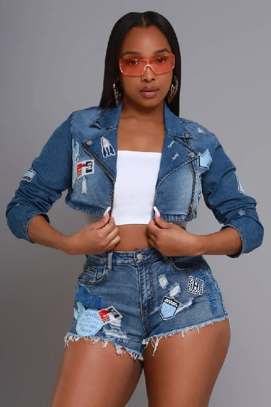 Hold Up Cropped Patchwork Denim Jacket - Med Wash