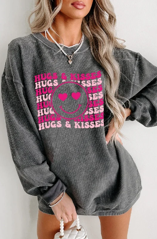 ""Hugs & Kisses"" Corded Graphic Crewneck (Charcoal) - Print On Demand