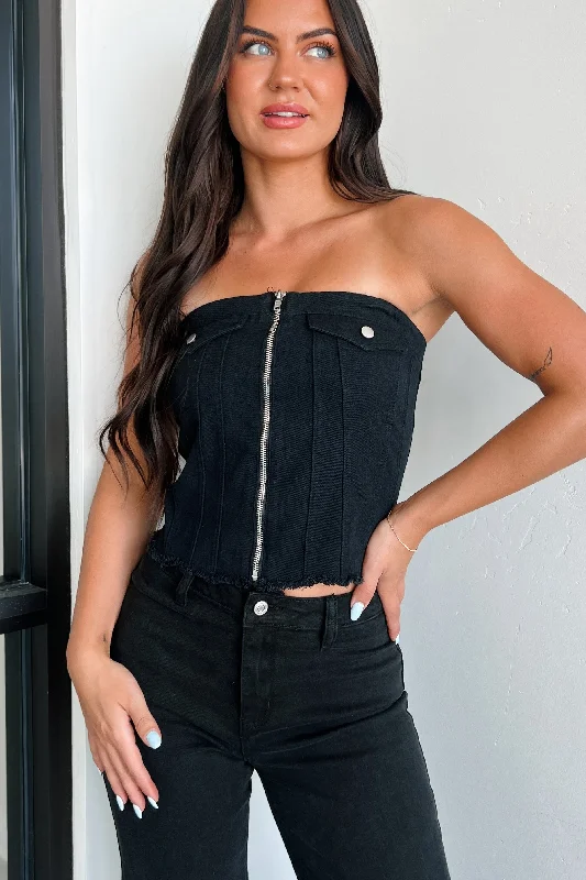 In Too Deep Zip-Front Denim Tube Top (Black)