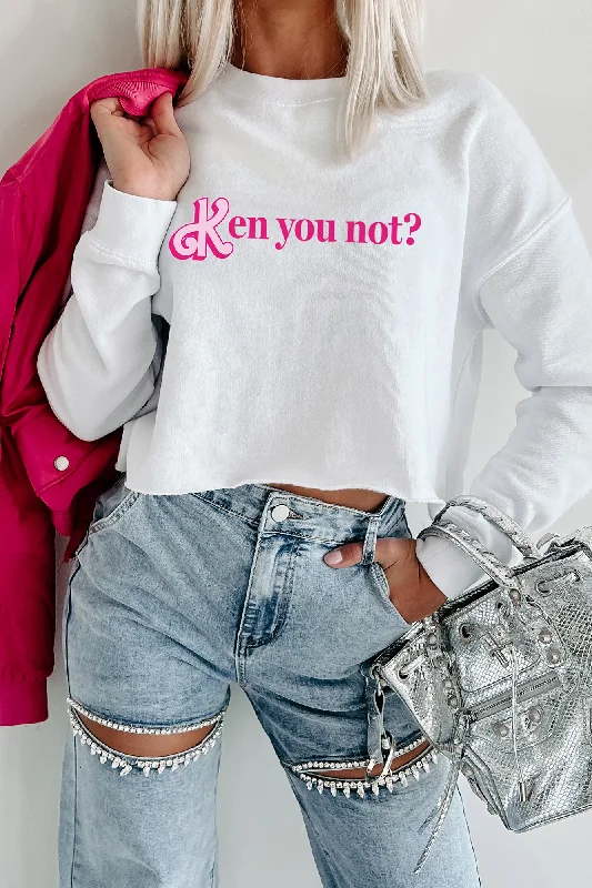 ""Ken You Not?"" Raw Hem Crop Graphic Crewneck (White) - Print On Demand