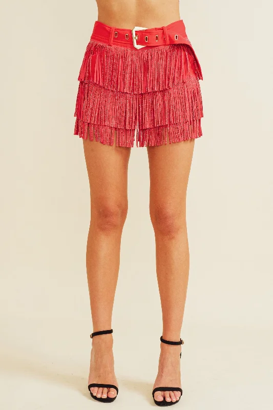 Lainey Fringe Shorts-Red