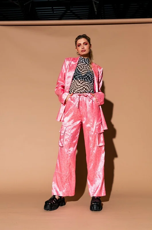 Lucky Girl Jacquard Floral Blazer + Cargo Pants Set in Coral Pink