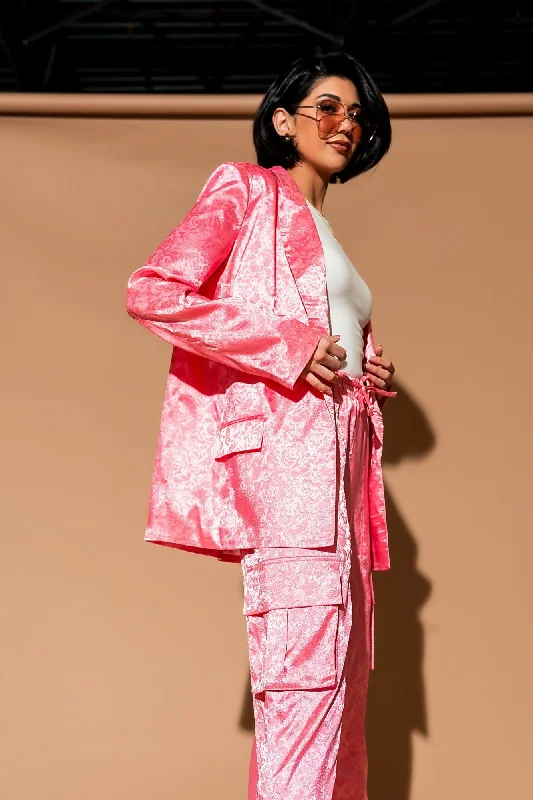 Lucky Girl Jacquard Floral Blazer + Cargo Pants Set in Coral Pink