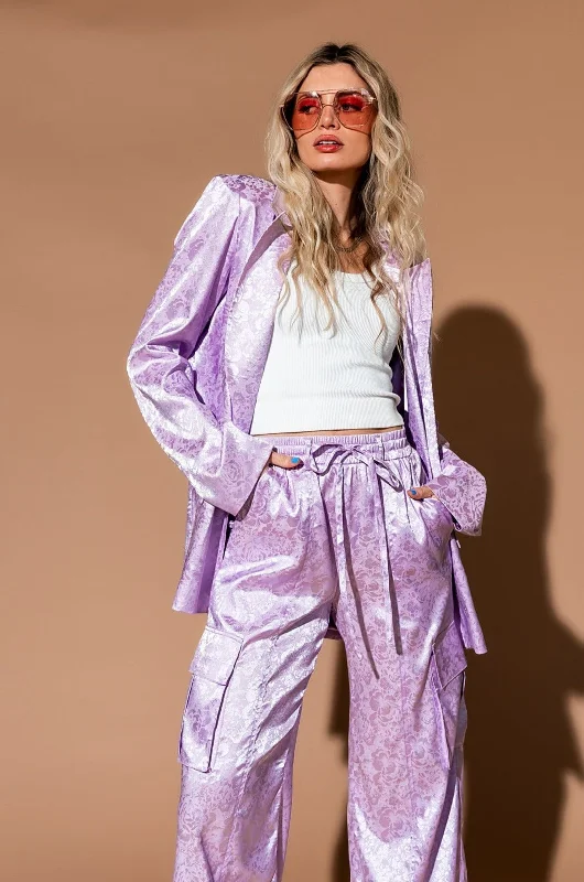 Lucky Girl Jacquard Floral Blazer + Cargo Pants Set in Lavender