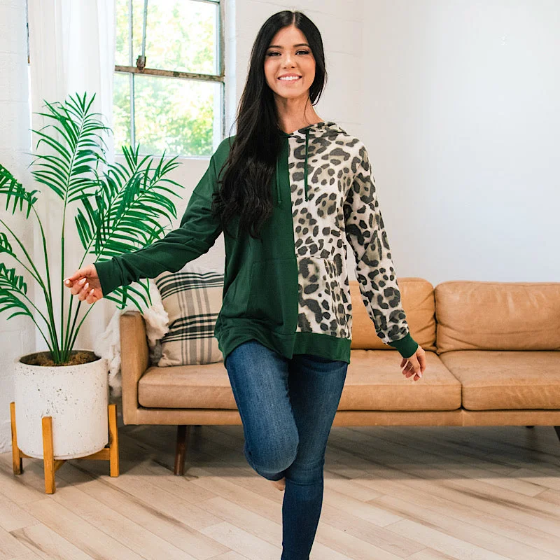 Rhonda Forest Green Leopard Vertical Split Hoodie FINAL SALE