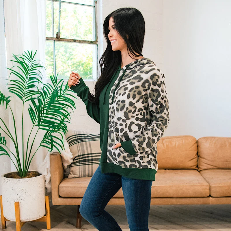 Rhonda Forest Green Leopard Vertical Split Hoodie FINAL SALE