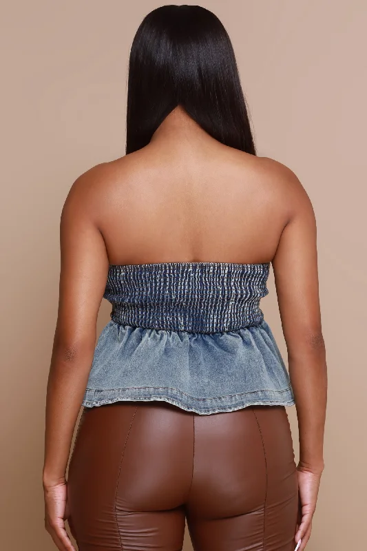 No Crumbs Strapless Denim Crop Top - Blue