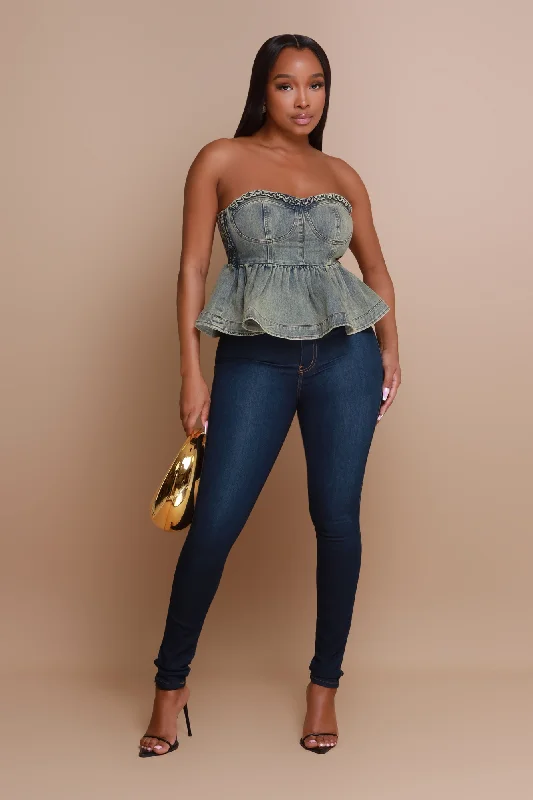 No Crumbs Strapless Denim Crop Top - Vintage Denim