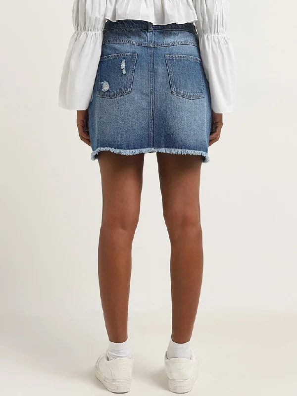 Nuon Blue Distressed High-Rise Denim Skirt