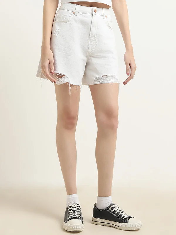 Nuon White High-Rise Ripped Denim Shorts