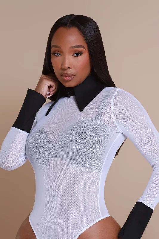 Pardon Me Wide Collar Mesh Bodysuit - White