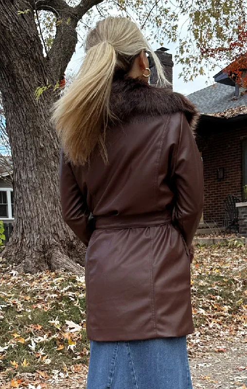 Penny Lane Coat ~ Cocoa Faux Leather with Faux Fur