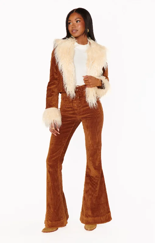 Penny Lane Cropped Coat ~ Saddle Brown Cord w/Faux Fur