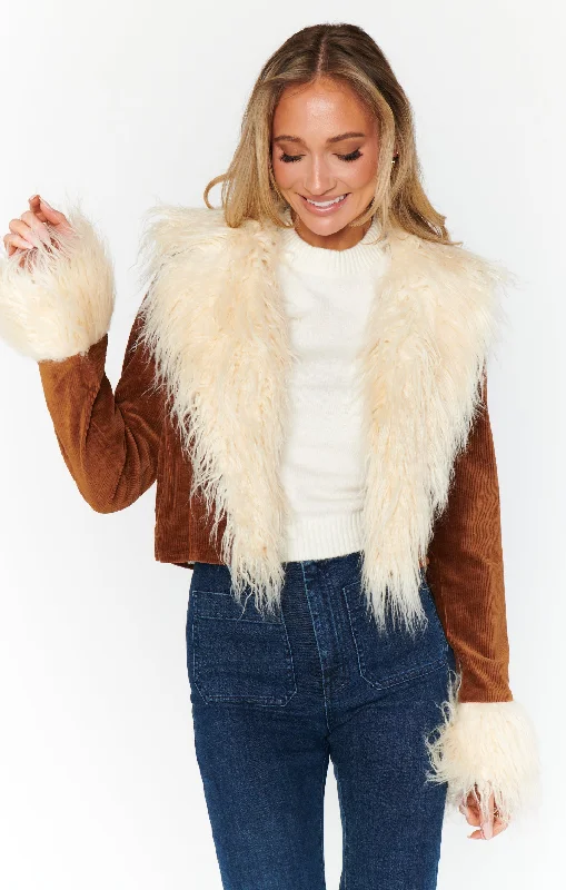 Penny Lane Cropped Coat ~ Saddle Brown Cord w/Faux Fur