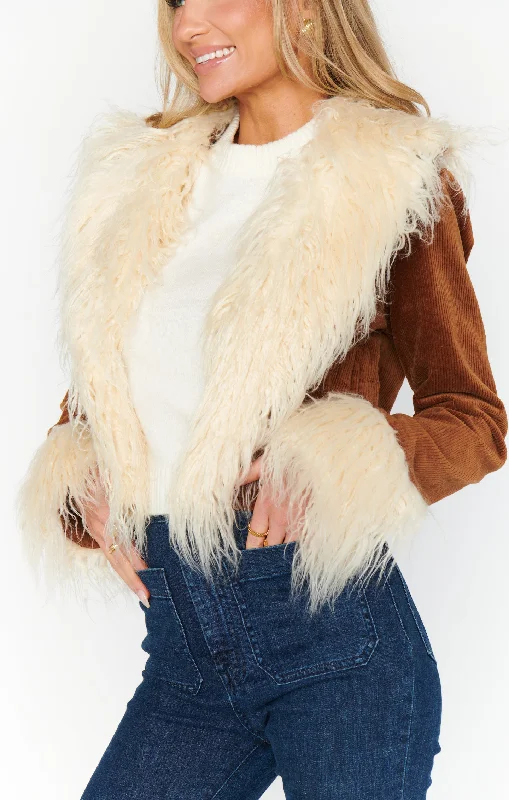 Penny Lane Cropped Coat ~ Saddle Brown Cord w/Faux Fur