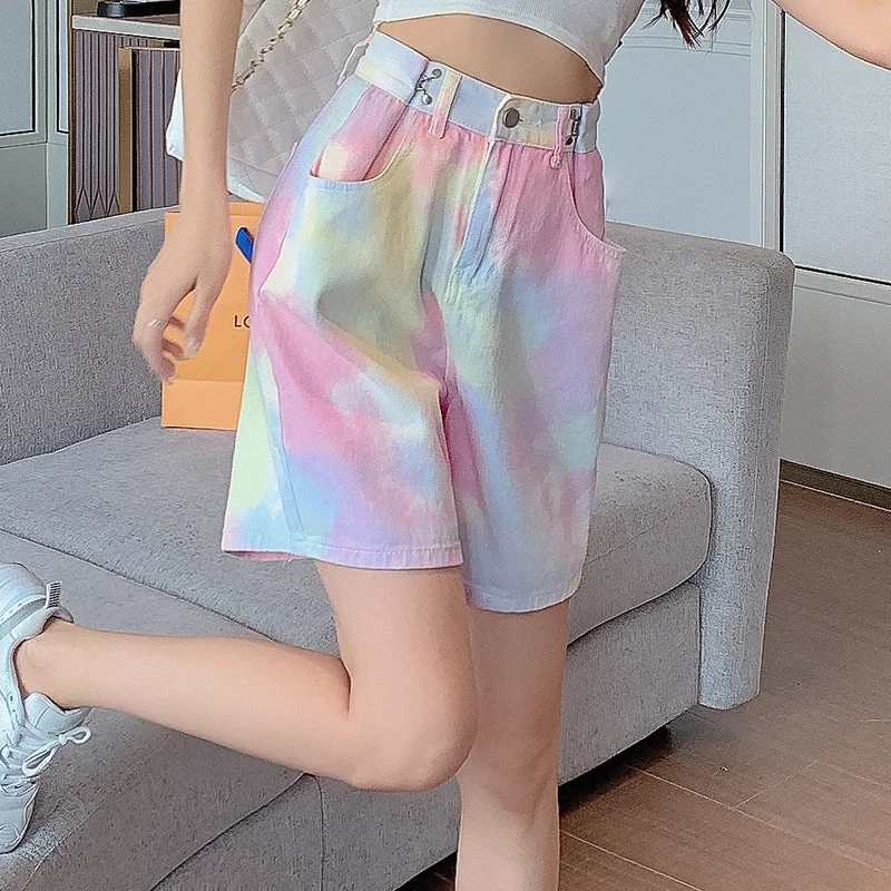 KittenAlarm - Pink Tie Dye Wide Leg Shorts Jeans