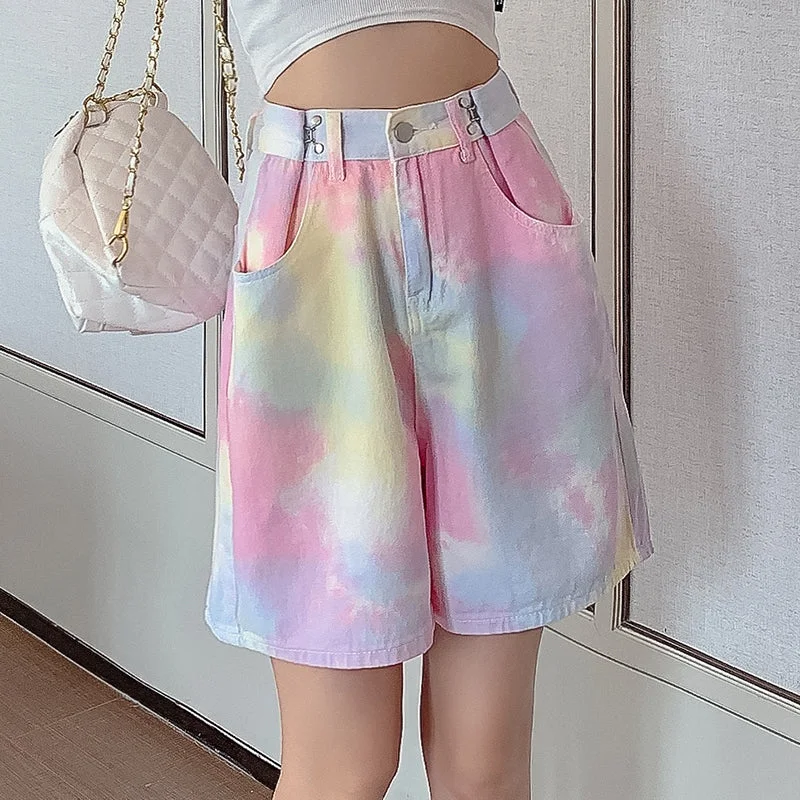 KittenAlarm - Pink Tie Dye Wide Leg Shorts Jeans