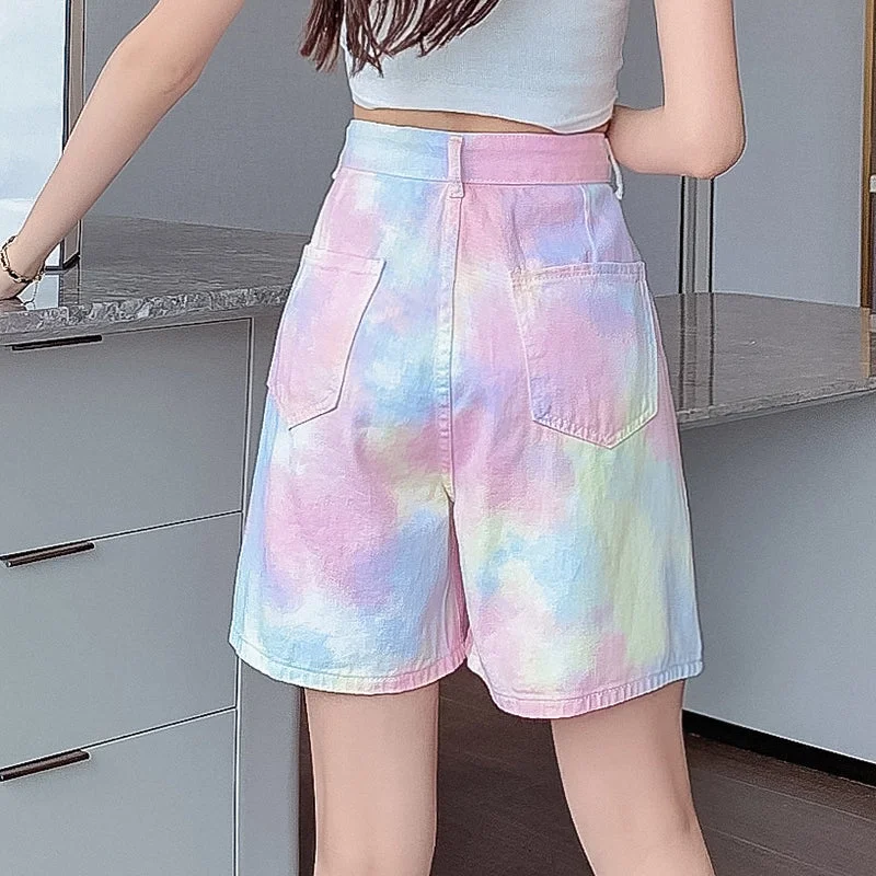 KittenAlarm - Pink Tie Dye Wide Leg Shorts Jeans