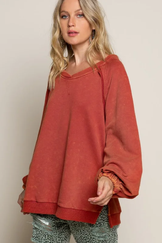 Hot Girl Back Cross Strap Detail Balloon Sleeve Sweatshirt In Burnt Orange