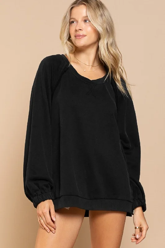 Hot Girl Back Cross Strap Detail Balloon Sleeve Sweatshirt In Black