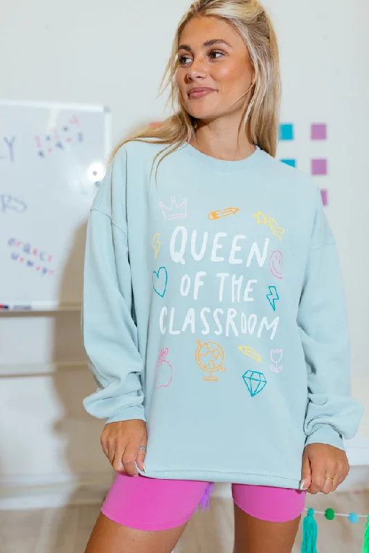 Queen of The Classroom Light Blue Oversized Graphic Sweatshirt