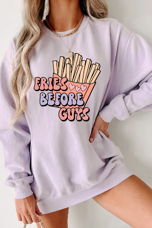 Retro ""Fries Before Guys"" Graphic Crewneck (Orchid) - Print On Demand