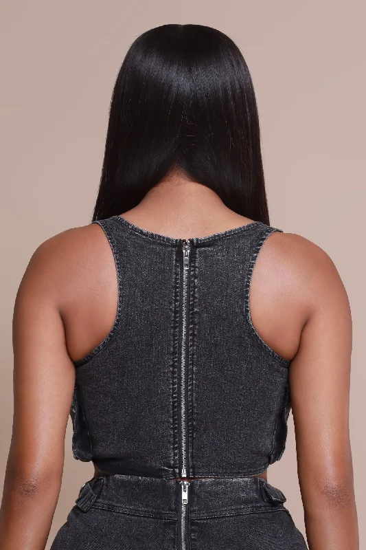 Rock Remix Denim Crop Top - Black Mineral Wash