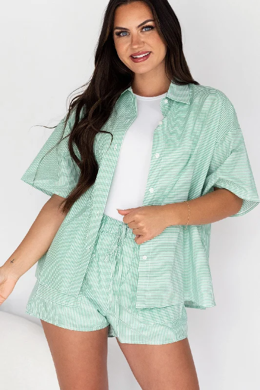 Sigrid Oversized Short Sleeve Button-Down (Green/White Stripe)