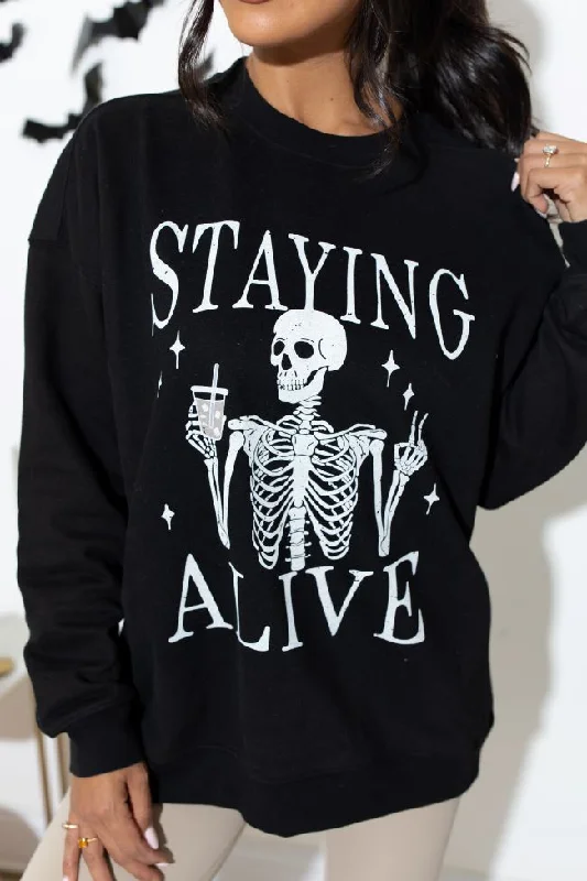 Staying Alive Black Oversized Graphic Sweatshirt