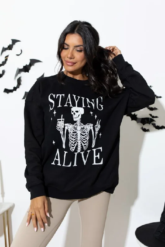 Staying Alive Black Oversized Graphic Sweatshirt