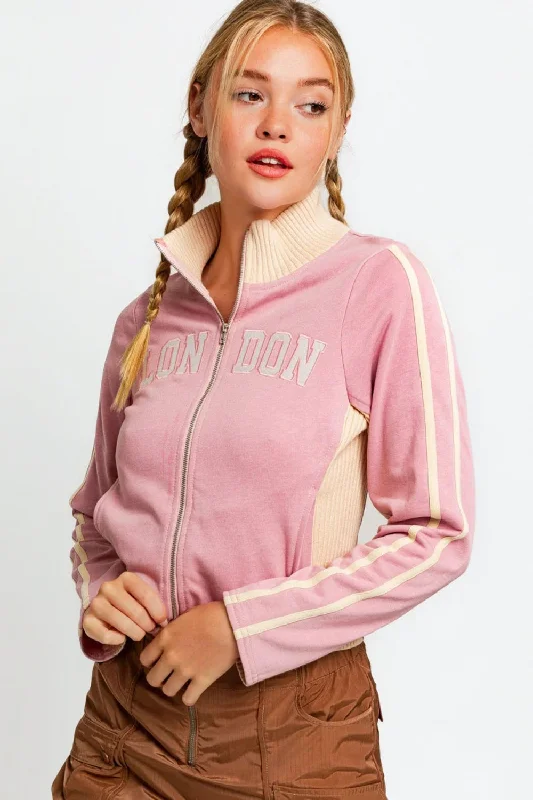 Hot Girl Tasha Long Sleeve Mock Neck LONDON Embroidered Zip Up Sweatshirt In Blush Pink