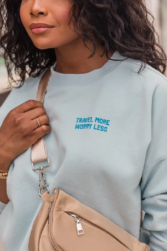 Travel More Worry Less Light Blue Oversized Graphic Sweatshirt