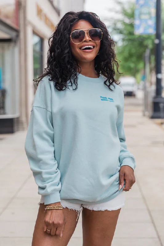 Travel More Worry Less Light Blue Oversized Graphic Sweatshirt