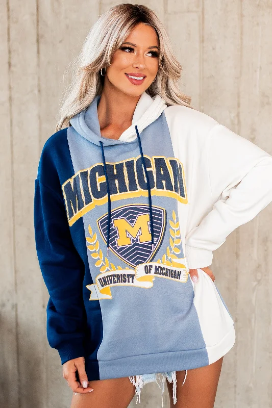 ""University Of Michigan"" Colorblock Graphic Hoodie (Navy/Ivory)