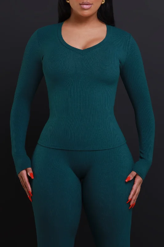 What It Is Cellulite Deleter Long Sleeve Ribbed Top - Hunter Green